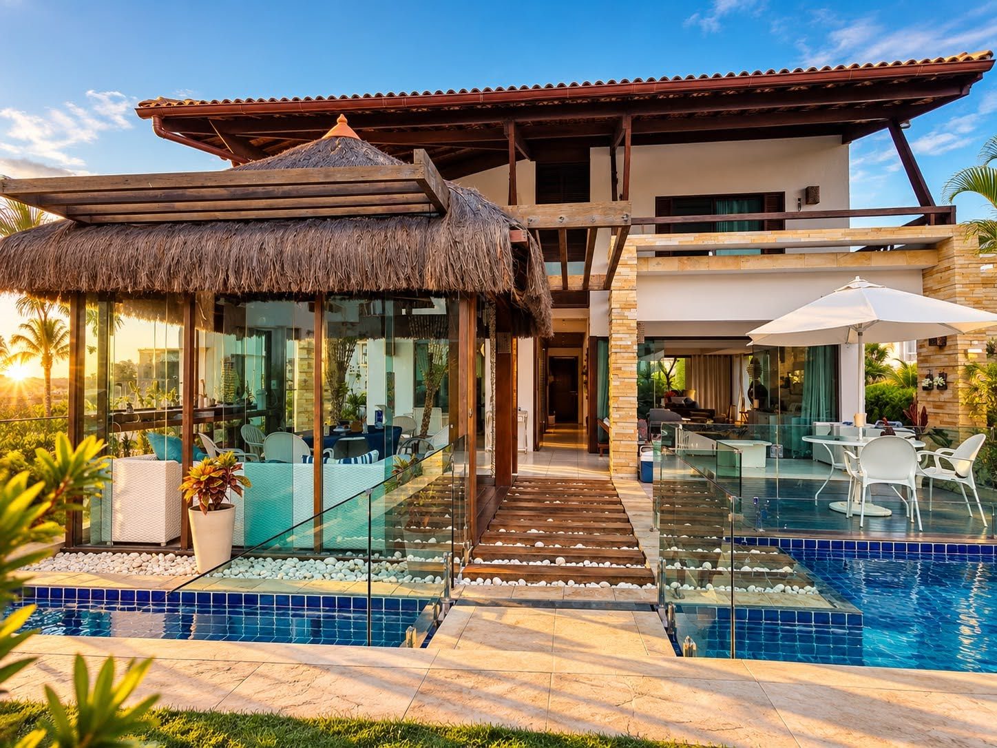 Fachada da casa ao entardecer, com quiosque de palha e piscina